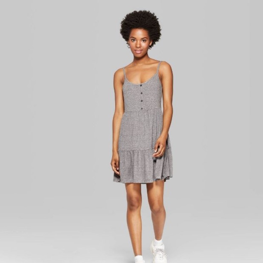 Scoop Neck Button-Front Tiered Knit Swing Dress